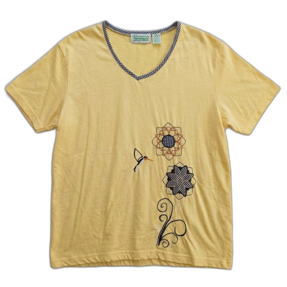 Extra Shenanigans Granny TShirt Embroidered Hummingbird Flower 3X Yellow Gingham